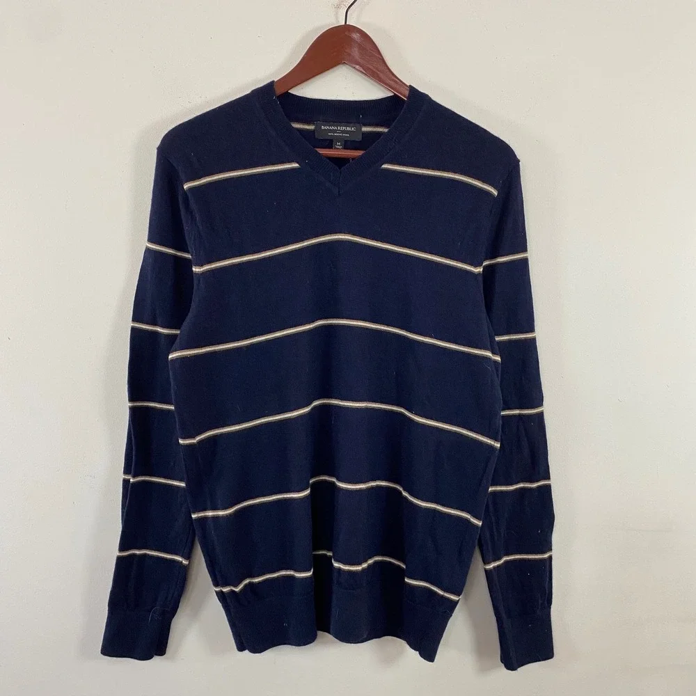 Banana‎ Republic Merino Wool Striped V-Neck Knit Sweater Navy Cream Mens Medium